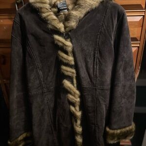 Dennis Basso Faux Fur Trimmed Suede Coat